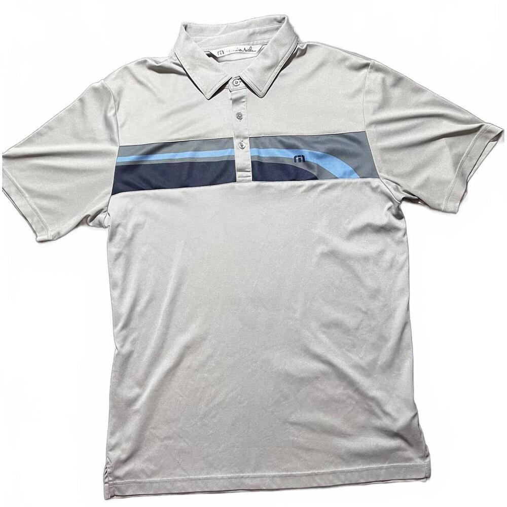TravisMathew‎ Men’s Polo Shirt Size Med Gray Blue Stripe Short Sleeve Golf